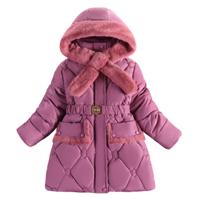 HuaX ในฤดูหนาวเด็กผู้หญิงเสื้อโค้ดอย่างหนาสีทึบกันลมมีฮู้ดอบอุ่นกลางความยาวเสื้อโค้ตบุนุ่มสำหรับ4-13ปี