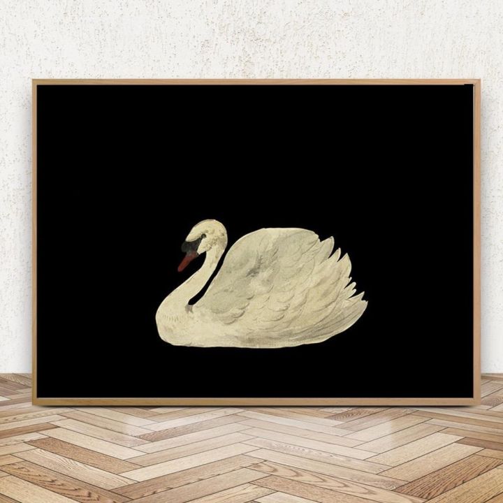 สีดำสีขาวโบราณ-swan-สีน้ำภาพวาดผ้าใบโปสเตอร์และพิมพ์-minimalist-vintage-wall-art-รูปภาพสำหรับตกแต่งห้องนั่งเล่น