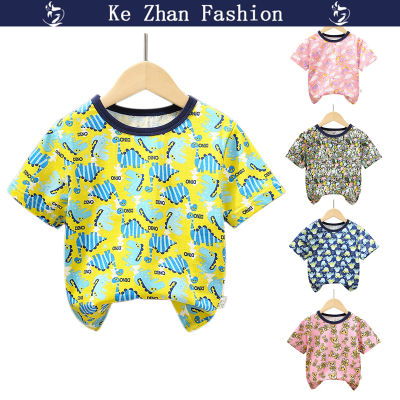 Ke Zhan เสื้อแขนสั้นสำหรับเด็กคอกลมเสื้อเสื้อผ้าฝ้ายแขนยาวแบบสวมหัวเสื้อพิมพ์ลายการ์ตูนสำหรับเด็กหญิงเด็กชาย