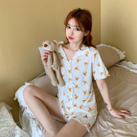 Summer Women Short Sleeve Turn Down Collar Pajamas Set Cartoon Flower Print Cotton Sleepwear Simple Home Nightwear 2 Piece Suit