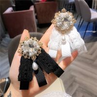 Korean Balck Lace Ribbon Bow Tie Brooch Rhinestone Pearl Necktie Pin and Brooches Shirt Dress Luxury Clothing Women Accessories