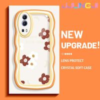 Jjlingji เคสสำหรับ VIVO Y72 5G Y52 5G Y75s 5G เคสแฟชั่นดีไซน์ใหม่ดอกไม้สีแดงขอบครีมกันกระแทกแบบใสนิ่มเคสโปร่งใสลายกล้องถ่ายรูปเคสมือถือเรียบง่ายอ่อนโยนป้องกัน