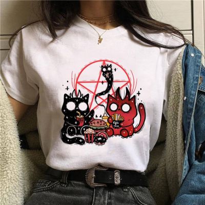 Satan T Shirt Women Satanism Cat Evil Demon Grim Death Tshirt Female Scary Funny Reaper Women T-shirt Harajuku Horror Psychedelic  75VA