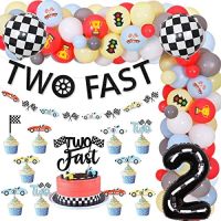 Sursursurprise Vintage Two Fast Birthday Decorations, Retro Let S Go Racing Party Decor For Boys 2nd Birthday - Pastel Colors Balloon Garland Kit, Two Fast Banner, Cake Topper, Checkered Foil Balloons