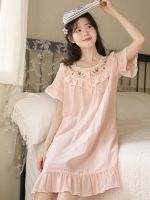 ◄♙ Miandao summer Japanese style sweet short-sleeved nightdress womens thin section embroidered forest double layer cotton gauze home skirt