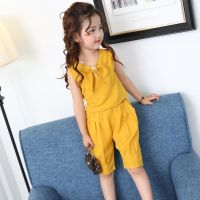 Ready Stock Cheap Korean Version Summer Baby Girl Clothing Solid Color Suit Sleeveless Childrens Top Pants 2-Piece Set Fashion Shirt Loose Thin Style Western