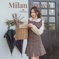 CHUUCHOP_พร้อมส่งC6040 / C6095???Milan brown เสื้อสีครีมและชุดเดรสเอี๊ยมสั้นลายสก็อตสีน้ำตาลเข้ม(ขายแยกชิ้น)