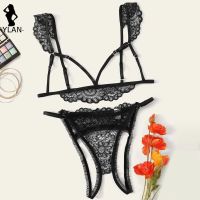 New Womens Sexy Lingerie Set Open Cup Bra Set Hollow Brassiere Crotchless Thong Transparent Lingerie Floral Lace Underwear Suit