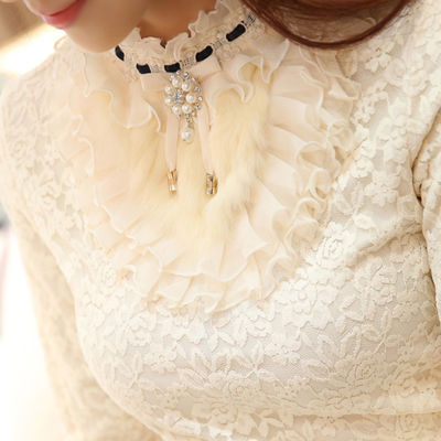 2020 New Ruffle Pearl Women Blouse Lace White Office Lady Thick Fleece Shirts Elegant Solid Slim Sexy Bottoming Shirts Tops