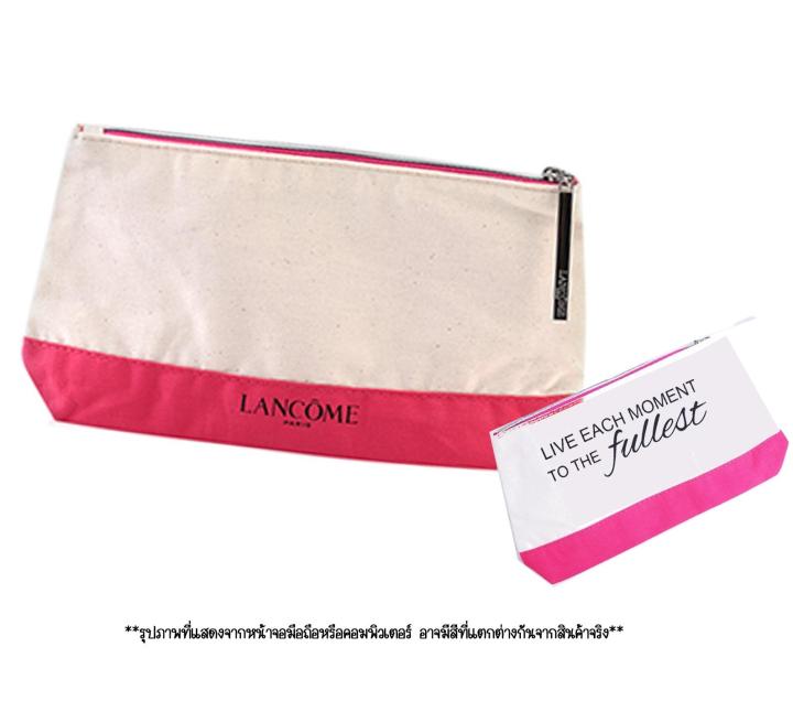 lancome-pouch-live-each-moment-to-the-fullest-white-amp-pink-กระเป๋าใส่เครื่องสำอางผ้าดิบสีขาวชมพู-ผลิตจากผ้าคุณภาพดี