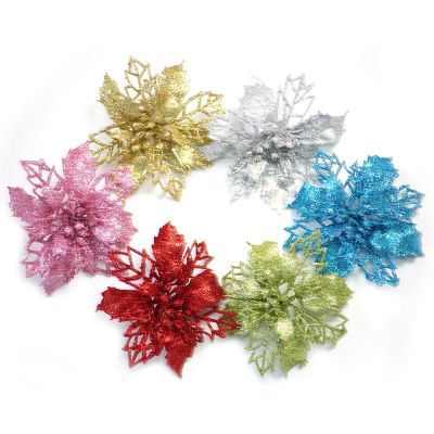 【cw】 1pcs Glitter Artificial PoinsettiawithWedding New Year ChristmasFlower Decorations XmasOrnament 【hot】