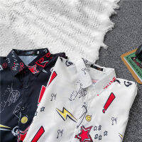 เสื้อกันหนาวผช【kin】New Ordinary Print Youth Casual เสื้อเชิ้ตผ้าฝ้ายสีขาวทรงหลวม