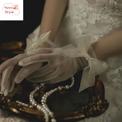 DGJKF สง่างาม เซ็กซี่ ฤดูร้อน สาว ลูกไม้ ผู้หญิง ถุงมือไข่มุก โค้งคำนับ ถุงมือแต่งงานสั้น ถุงมือผ้าTulle