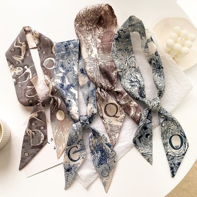 ✳ Fashion Ribbon Silk Scarf 26 Letter Ink Painting Floral Small Neck Scarves Office Lady Shawls Bandana Bag Dress Scarves 100x10Cm