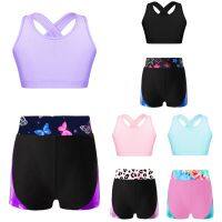 ∋卐 Kids Girls Jazz Dance Costume Sleeveless Crop Top Printed Shorts Outfit for Ballet Dancewear Gymnastics Yoga Performance Clothes