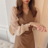 Chiffon Dresses Thin Women Long Sleeve Autumn New Fake Two Piece Korean Business Chic Office Ladies Vestido Feminino