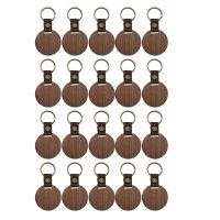 20Packs Wooden Keychain Blanks Leather Keychain Keychain Blank Wood Walnut with Keyring for DIY Engraving Gift Round