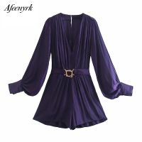 Afeenyrk Metal belt Hasp Dresses Jump suit Women Fall V Neck Long al Sleeve Elegant Mini Elastic Waist Ladies Jumpsuits