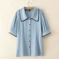 【มีไซส์ใหญ่】Plus Size XL-4XL Short Sleeve White Blue Tops Women Embroidery Button Up A-line Blouses Ladies Officewear Summer Top