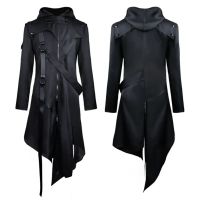 2023 Steampunk Gothic Coat Men Zipper Hooded Black Jacket Medieval Renaissance Coat Halloween Cosplay Costume For Men Plus Size 5XL