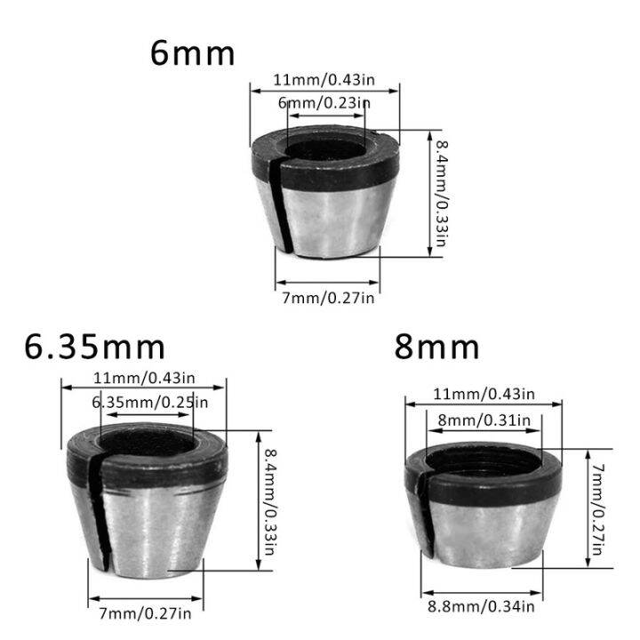 หัวจับดอกสว่านหัวคอลเลตต์เราเตอร์6-6-35-8มม-6ชิ้นอะแดปเตอร์หัวจับดอกคอลเลต์เตอร์สำหรับตัดแต่งเครื่องสลักเราเตอร์ไฟฟ้าหัวจับดอกสว่านหัวอะแดปเตอร์คอลเล็ตเหล็กกล้าคาร์บอน