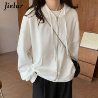 Jielur 2021 Chic Zipper Female Sweatshirt Hooded Pullovers Soild Color Hoodies Autumn Loose Harajuku Women Tracksuit White M-2Xl