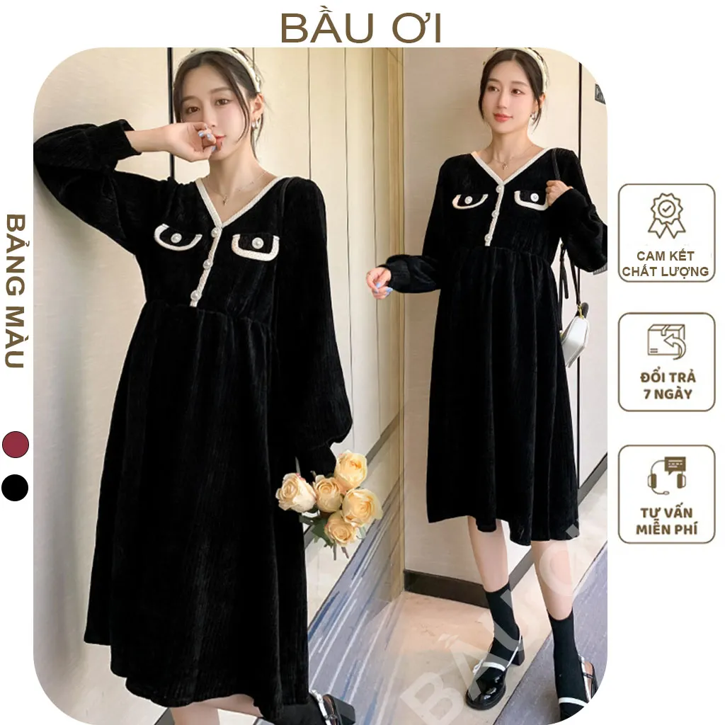 BAUOII V128] VÁY BẦU THU ĐÔNG DÀI TAY CHẤT NHUNG TĂM ĐẸP - ĐẦM BẦU ...