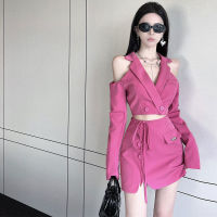 HOT14★Off Shoulder Drawstring Skirts Sets Turn Down Collar Blazer Crop Tops Mini Sexy Female Slim Short Skirt 2023 Fashion Woman Set