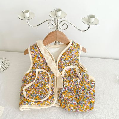 （Good baby store） LZH Toddler Baby Girl Clothes Warm Vest 2022 New Spring Autumn Child Coats Kids Floral V Neck Zipper Jacket Vest Two Pieces Set