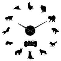 Dog Breed Border Collie Silhouette Wall Sticker Frameless DIY Giant Silent Wall Clock Home Decor Scottish Sheepdog Dog Paw Watch