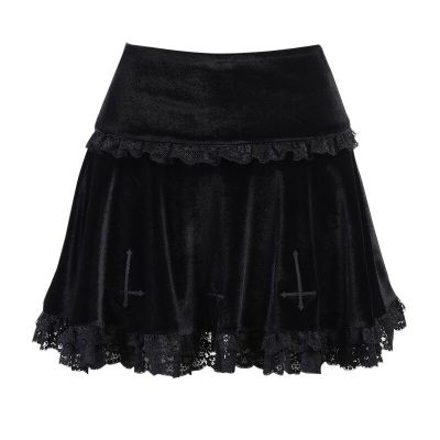 ‘；’ Dark Cross Embroidered Lace Suede Skirt Goth Dark Mall Gothic Women Vintage Harajuku High Waist Lace Ruffles Skirt Y2k Skirt