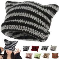 【YD】 Streetwear Beanie Hat Little Striped Knitted ForWomen Ears Cap