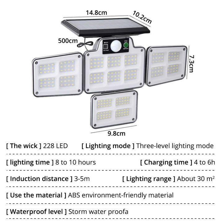 กลางแจ้ง-led-สี่หัวพลังงานแสงอาทิตย์โคมไฟติดผนัง-ip65แยกตรวจจับมนุษย์ครัวเรือนไฟโรงรถลานโคมไฟไฟถนนอัลตร้าสดใส