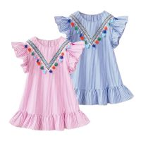 New Kids Dresses Summer Girls Tassel Flying Sleeve Dresses Stripe Toddler Baby 1 2 3 4 5 6 7 Years Childrens Clothing  by Hs2023