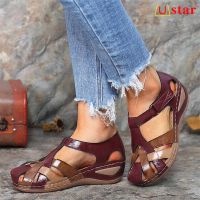 Womens Sandals Wedge Heel Flat Velcro Sandals Cross Strap Beach Sandals Kasut Perempuan