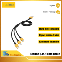 Realme ยูเอสบีสายเคเบิลข้อมูล3-In-1เพื่อฟ้าผ่า/USB-C/ไมโคร USB ไนล่อนสายถักอุปกรณ์ชาร์จ1.2เมตรสายยาวสีดำและสีเหลืองใช้ iPhone Android อุปกรณ์และอีกมากมาย