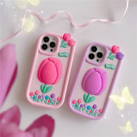 เคสแบบนิ่มที่เป็นซิลิโคนเหลวสำหรับ IPhone 11 12 13 14 Pro Max ปลอกเคสโทรศัพท์ฝาครอบด้านหลังกันกระแทกเซลล์ดอกทิวลิป3D สีสันสดใส