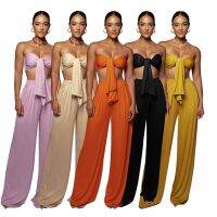 （HOT） European and new womens two-piece suit solid strapless top mid-waist wide-leg fashion casual