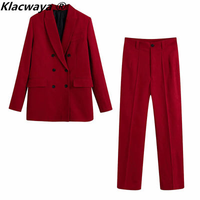 Klacwaya 2021 Women Fashion Office 2-Piece Suit Vintage Red Double Breasted Slim Blazer Female High Waist Trousers Commute Set