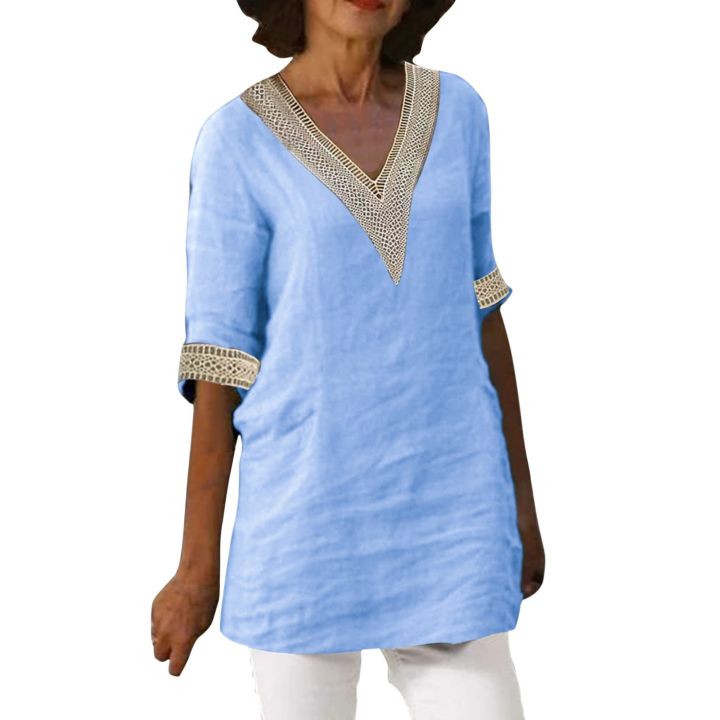 เสื้อคอปกผ้าฝ้ายและผ้าลินินคอวีสีพื้นสำหรับผู้หญิงเสื้อขนาดพิเศษเสื้อเชิ้ตคอวีสีพื้นสำหรับผู้หญิง