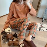 ☞✒ Korean Purple Grid Girls Pajamas Set Cute Autumn Winter Long Sleeve Leisure Sleepwear For Women Loose Nightwear Homewear Suit