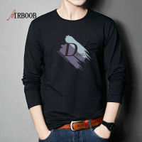 AIRBOOB 100% ผ้าฝ้ายแขนยาวเสื้อยืดผู้ชาย,เสื้อพิมพ์ลายคอกลมหลวมเกาหลีอเนกประสงค์ฤดูใบไม้ร่วง