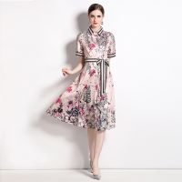 Women Dress Spot Real  Elegant Short Sleeve  Vintage Printed Midi Dress