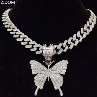 Men Women Hip Hop Iced Out Bling butterfly Pendant Necklace with 13mm Miami Cuban Chain HipHop Necklaces Fashion Charm Jewelry Fashion Chain Necklaces