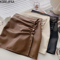 Korejpaa High Waist PU Leather Skirt Female Autumn Winter 2021 New Korean Style Ruched Solid Color A-line Mini Skirts Outwear