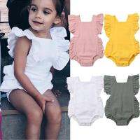 เด็กทารกหญิงแรกเกิด Ruffle สีทึบเอี๊ยมบอดี้สูทจั๊มป์สูทชุด Sunsuit