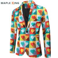 ZZOOI New spring Mens love printing plaid Blazers coat High quality slim fit Leisure suit jacket Plus size M-4XL Mens Brand clothing