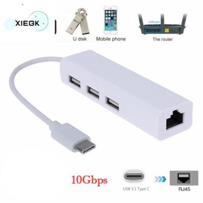 XIEGK ประเภท C ถึง RJ45 TYPE-C ไปยังการ์ดเครือข่าย LAN RJ45 4 in 1 USB 2.0 HUB มี4พอร์ต การออกแบบที่บางเฉียบ แบบมีสาย สำหรับแล็ปท็อป/เมาส์/ดิสก์ U