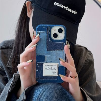 Retro Ins Korean Cute Denim Canvas Splicing Y2k Blue Red-Brown Phone Case For iPhone 14 13 12 11 Pro Max Shockproof Soft Cover