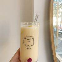 Ins Korean Style Cartoon Glass Cup With Straw Transparent Coffee Milk Tea Mug Kawaii Water Cups Children Drink Bottle